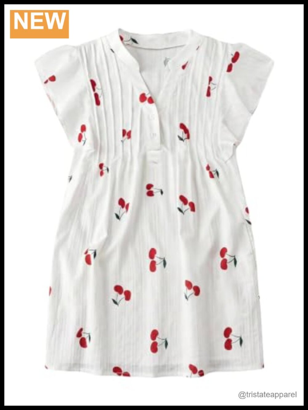 Women Cherry Print Pleated Blouse V Neck Cap Sleeve Button Front Lightweight